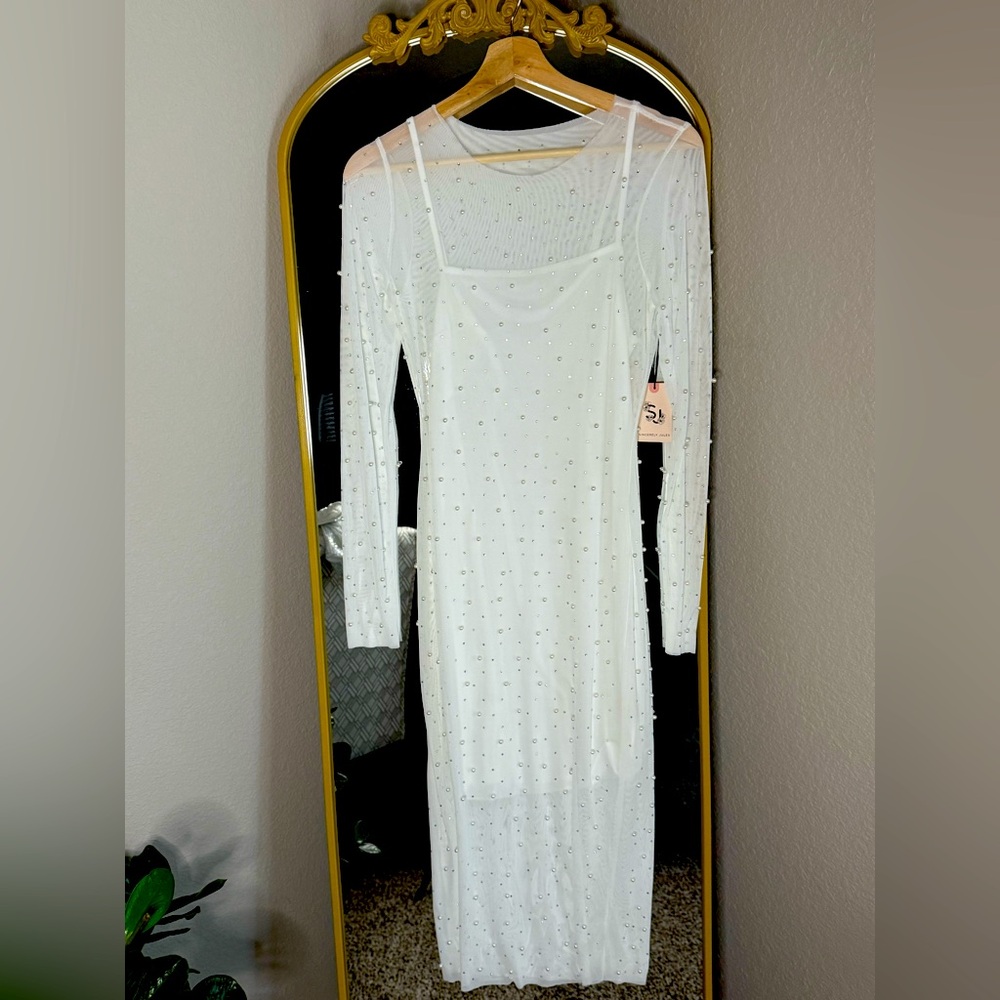 Sincerely Jules Midi Dress. NEW WITH TAG. Rhinestone and Pearl Detail. White.